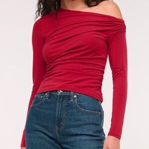 Abercrombie & Fitch Long Sleeve Off-The-Shoulder Draped Top, Rich Ruby, XL
